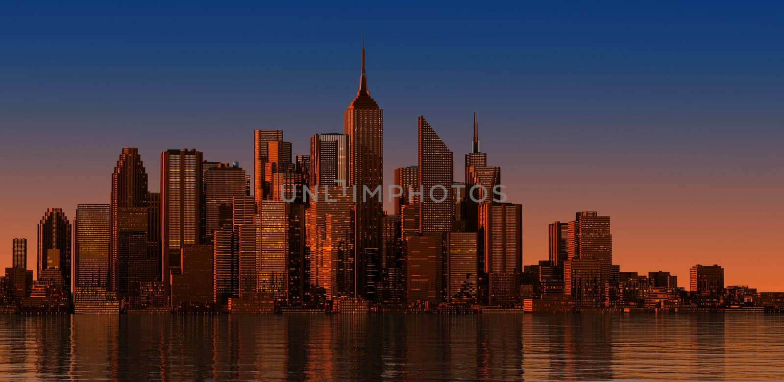 Modern cityscape at sunset time. Wide format. Generic representation, no landamark.