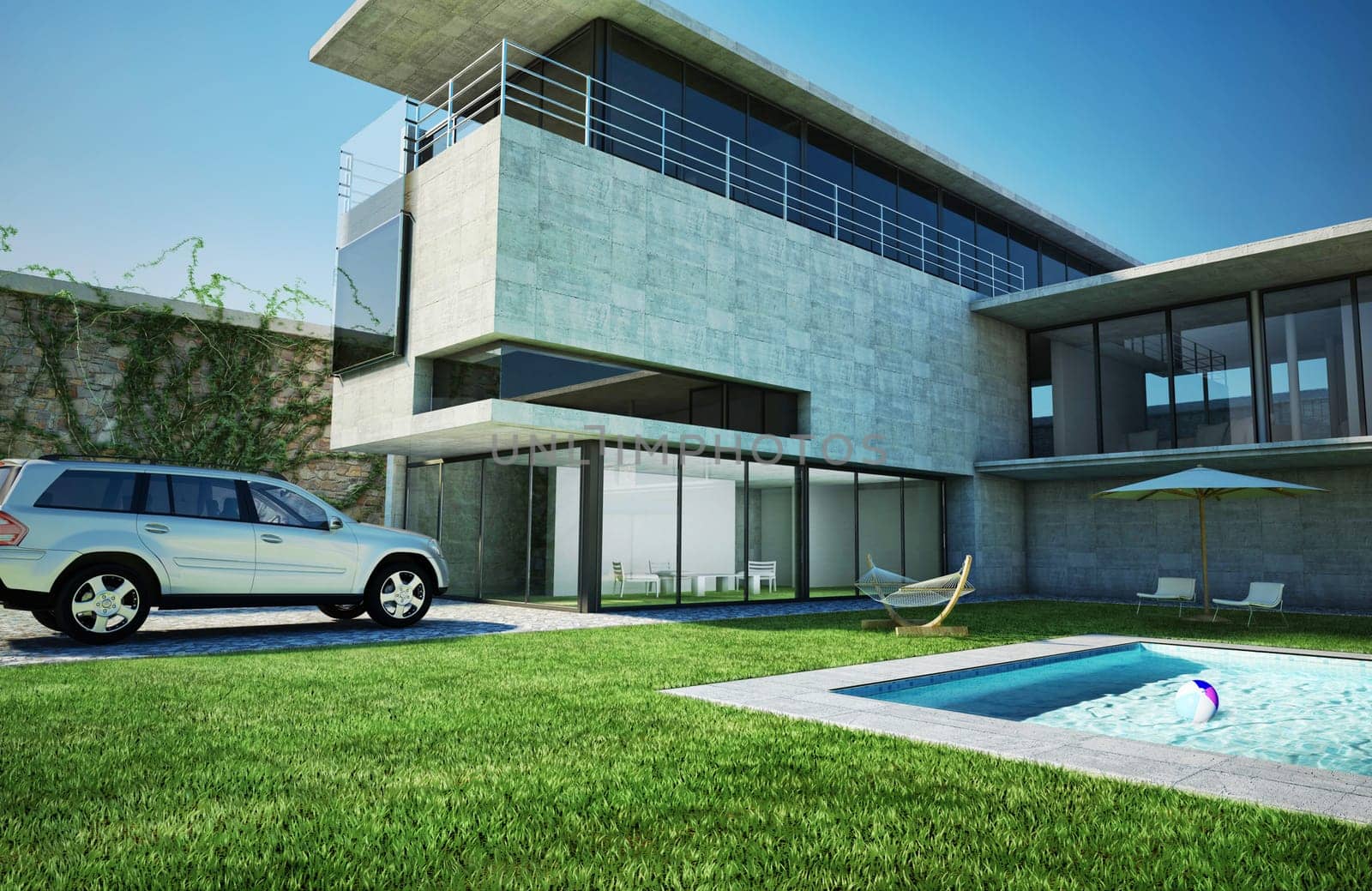 Modern luxury villa with swimming pool. Very stylish architecture, made of concrete and glass.