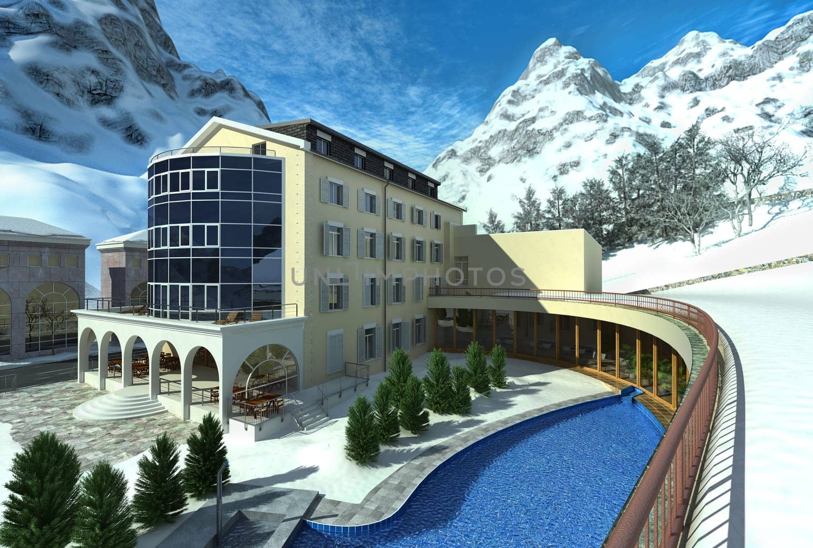 Hotel in mountain with snow and a pool. Snowed mountains in the background.