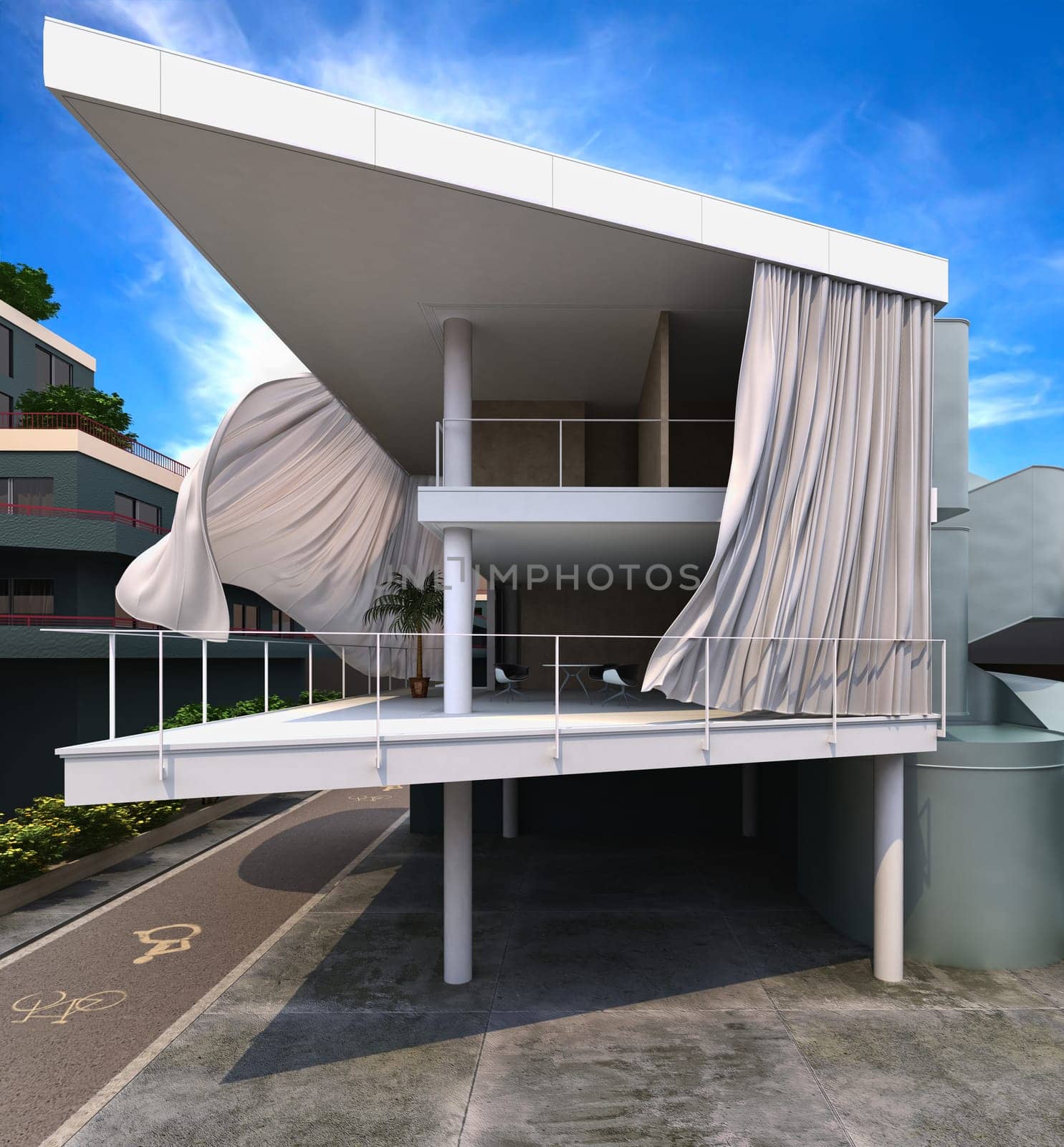 Modern house exterior with curtains blowing in the wind, In town street.