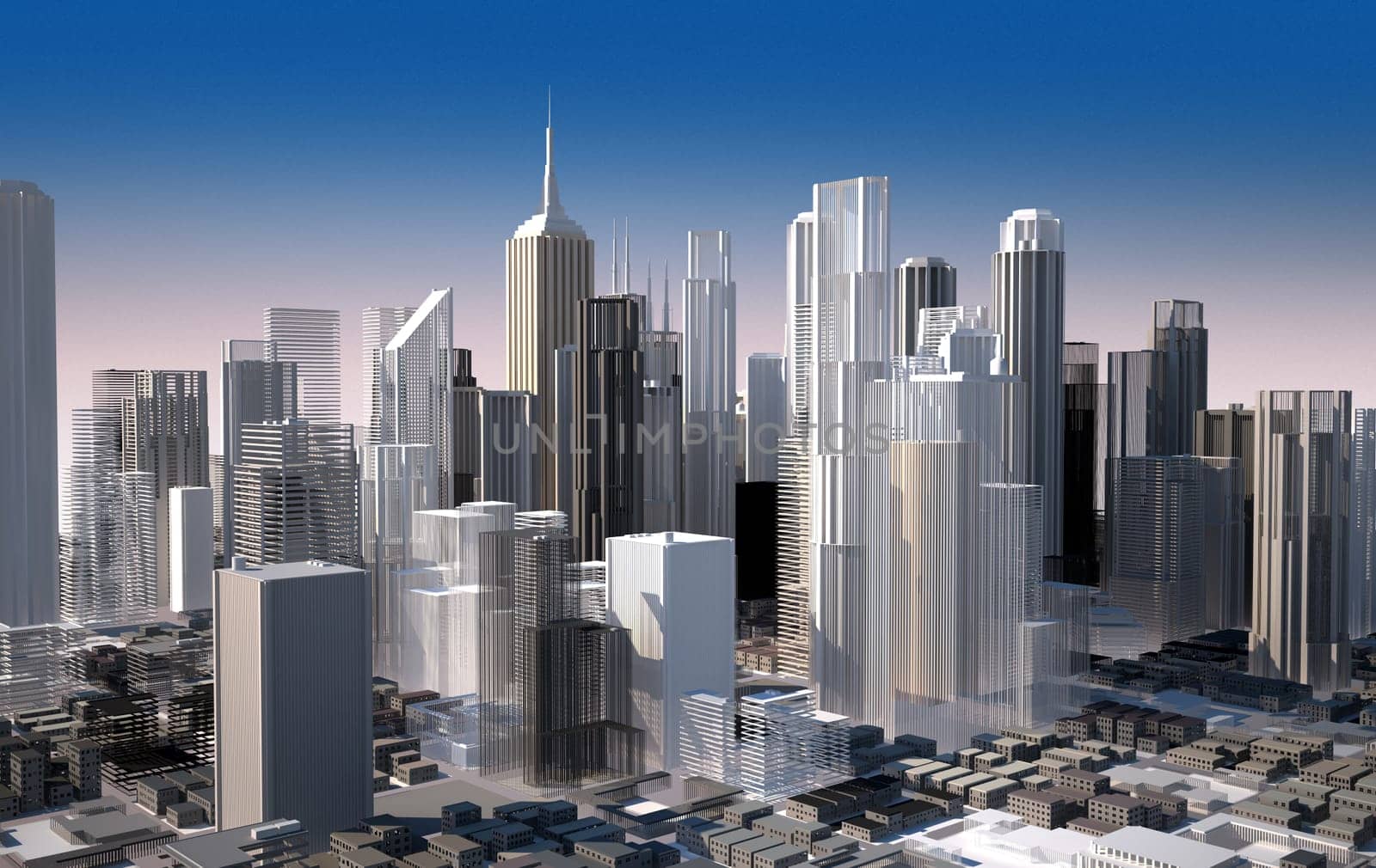 Modern cityscape in daylight. Close up view. Buildings are rendered as they are a scale model.