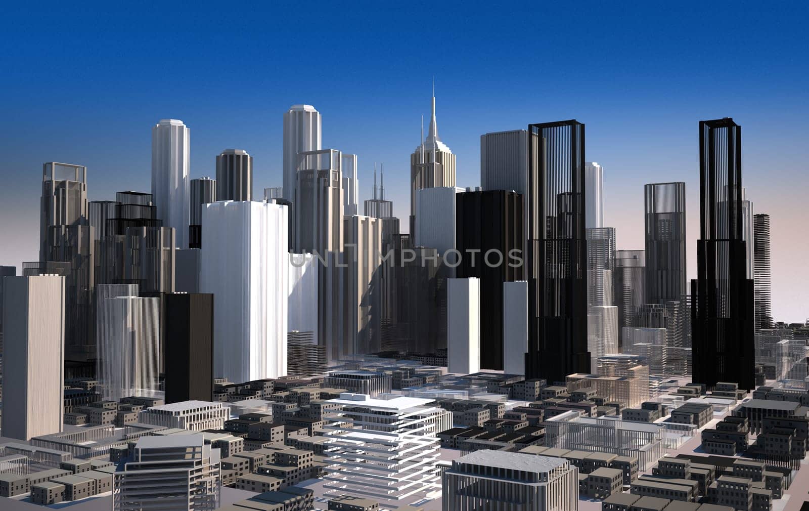 Modern cityscape in daylight. Close up view. Buildings are rendered as they are a scale model.