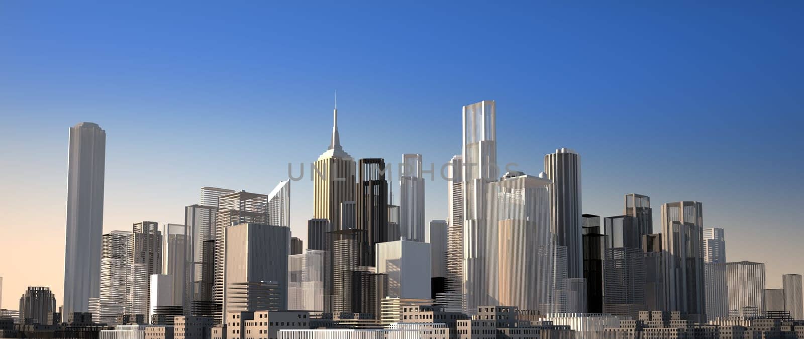 Modern cityscape in daylight. Close up view. Buildings are rendered as they are a scale model.