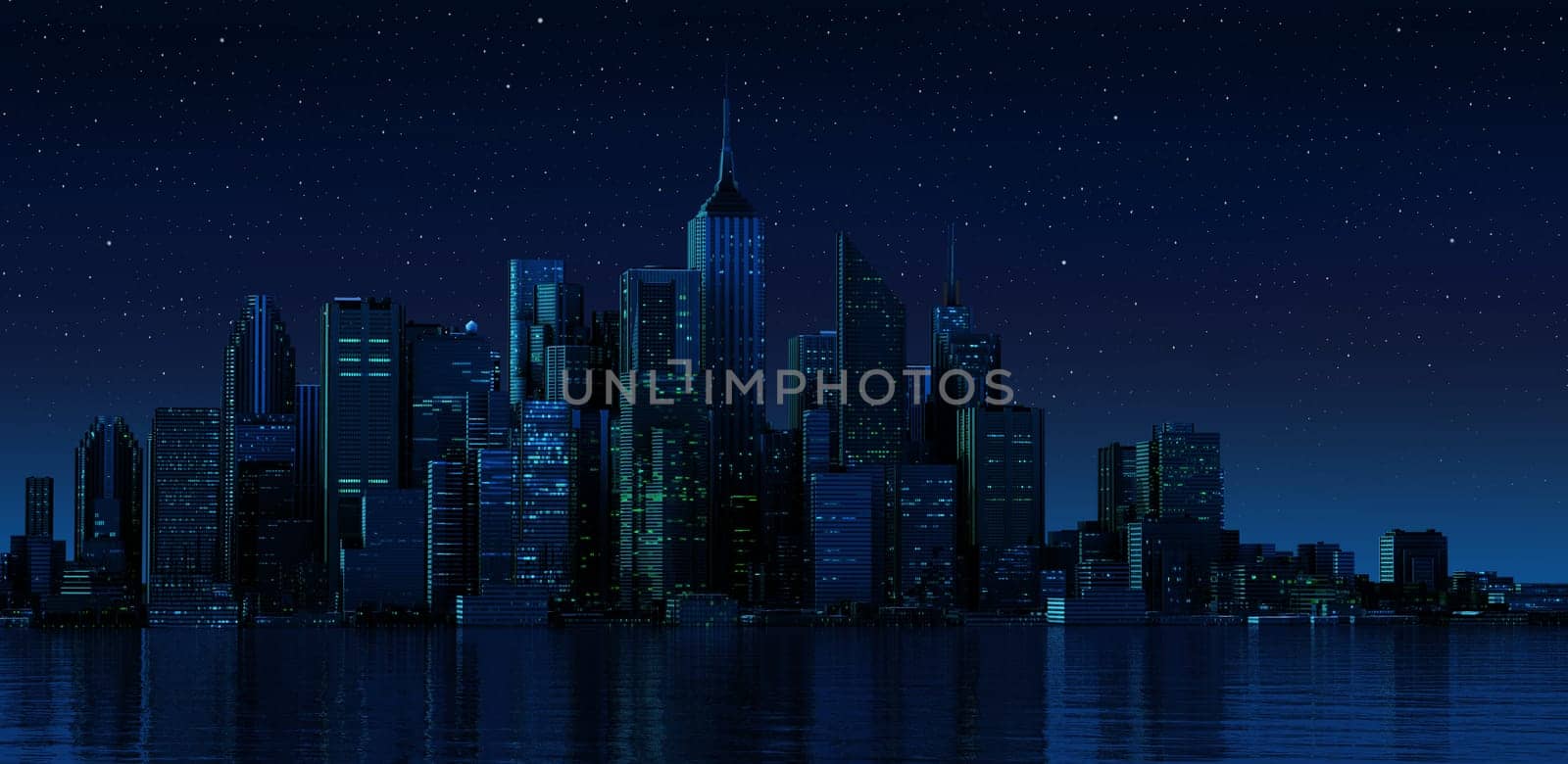 Cityscape generic with modern buildings and skyscrapers on water. Night time version.
