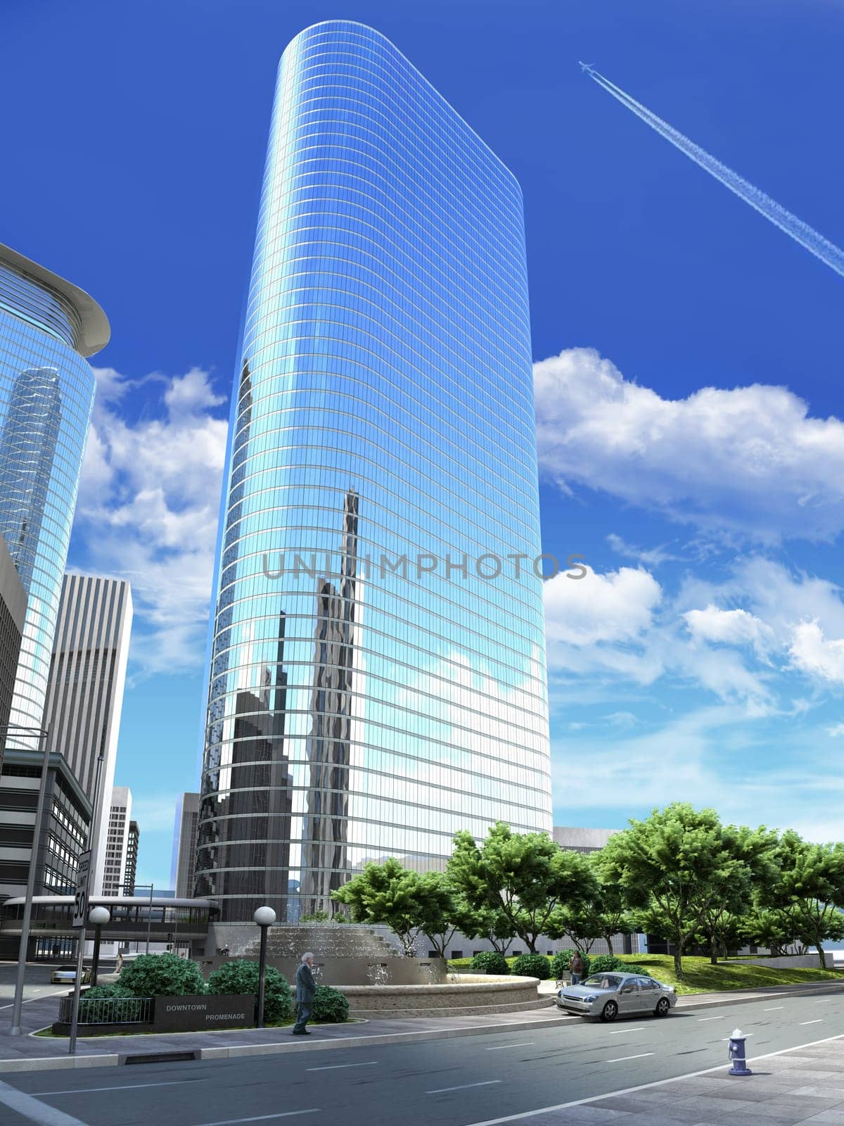 3D rendering of a generic Modern Skyscraper viewed from below, with a large street and trees in front of it.
