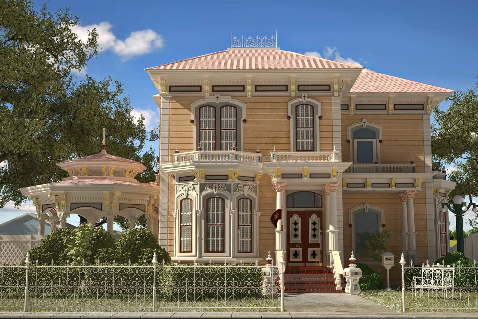 Luxury Victorian style house exterior. Frontal view, with gazebo and garden.