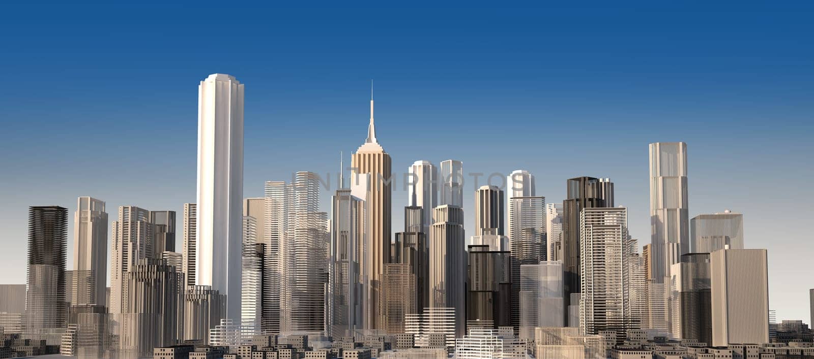 Modern cityscape in daylight. Close up view. Buildings are rendered as they are a scale model.
