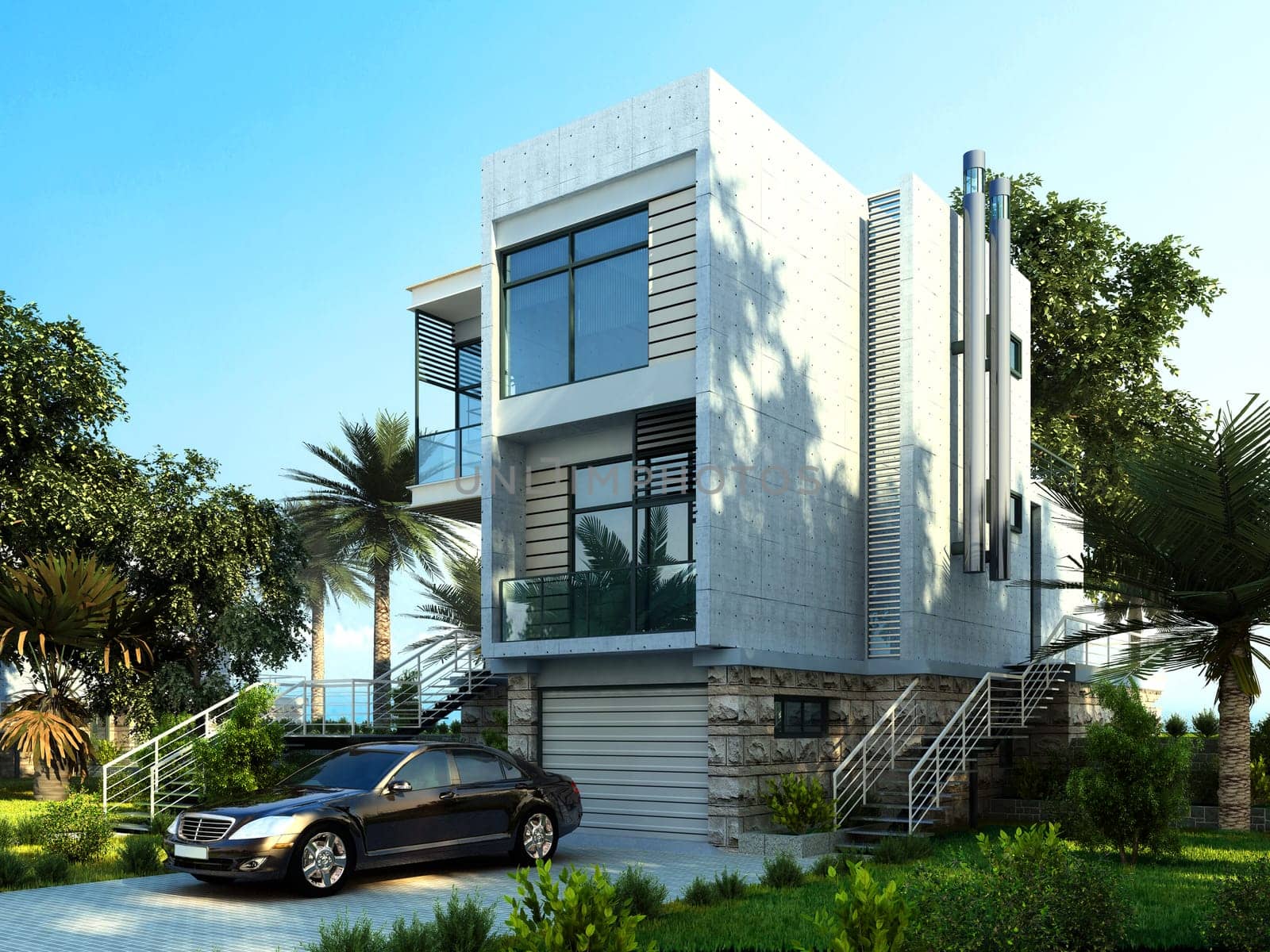 Modern building exterior with garden and trees. With a car parked.