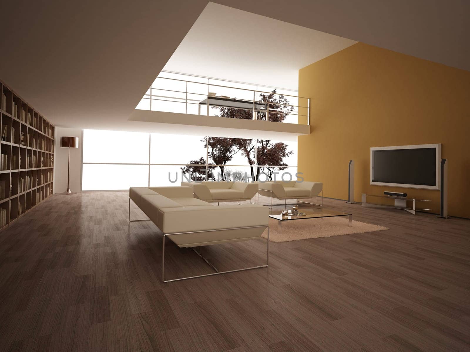 Modern large livingroom, with wooden floor, bookshelves and other few elements. Minimalist.