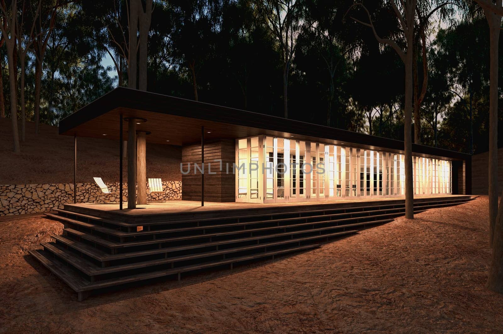 Modern wood House in the forest. Late afternoon almost night time.