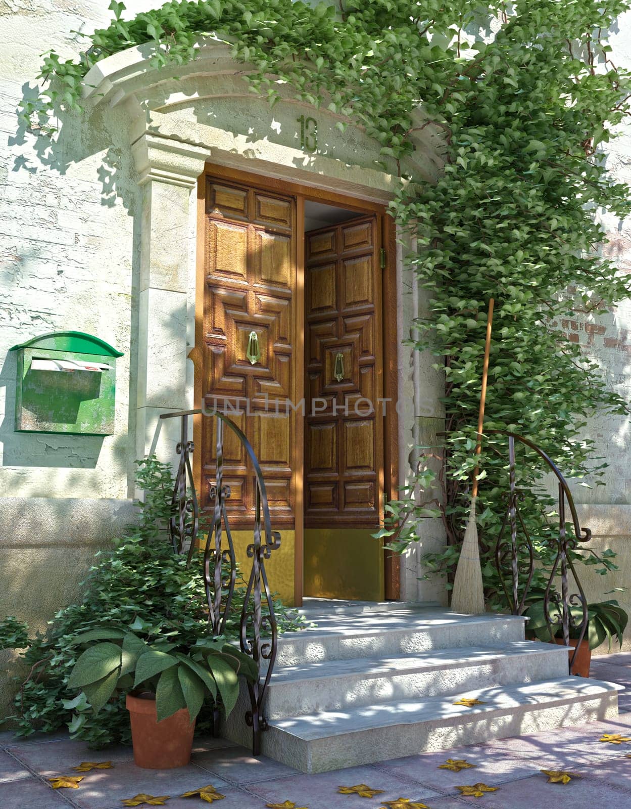 TypicalItalian Classic house building front door with stairs and plants.