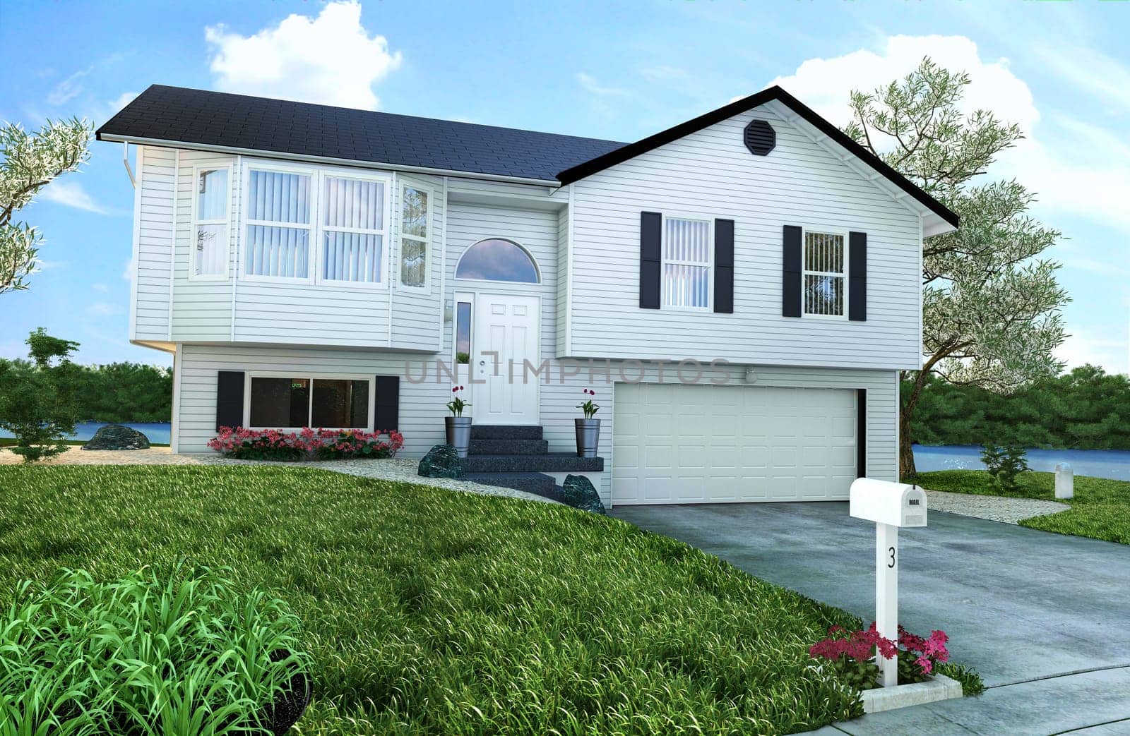 Typical American wooden house with garden, trees and a river on backgraound.