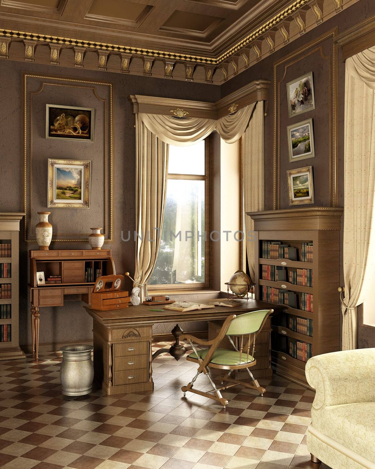 Classic old studio room. With working place desk and several antique objects. Window on garden.