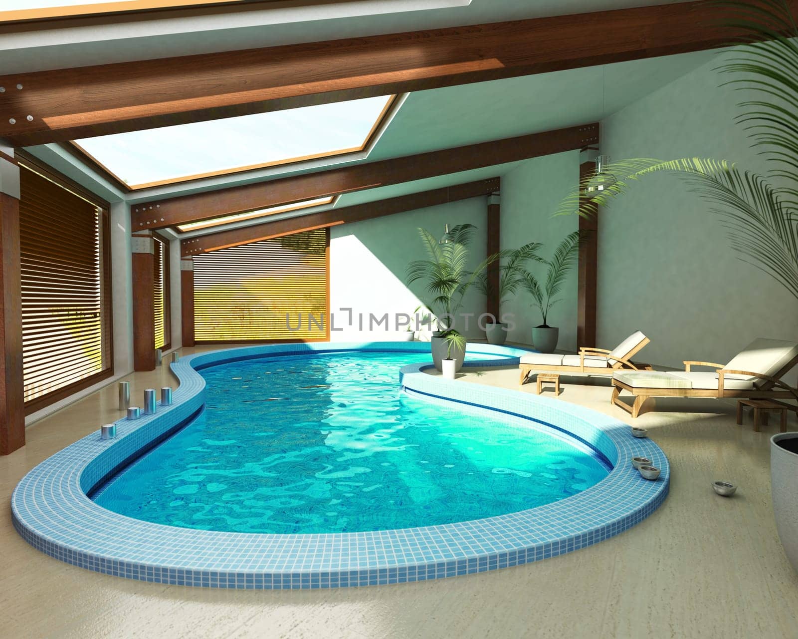 Indoor spa pool with chairs, plants and Large windows.