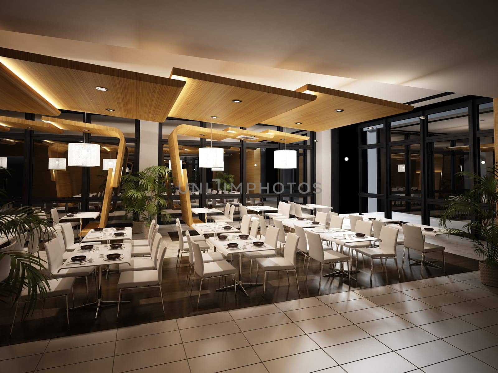 Modern restaurant interior view. Night time scene with warm artificial lighting, mirrors and plants all around. No people.