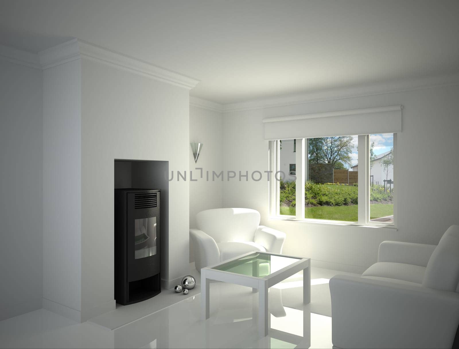 White livingroom, with fire place.