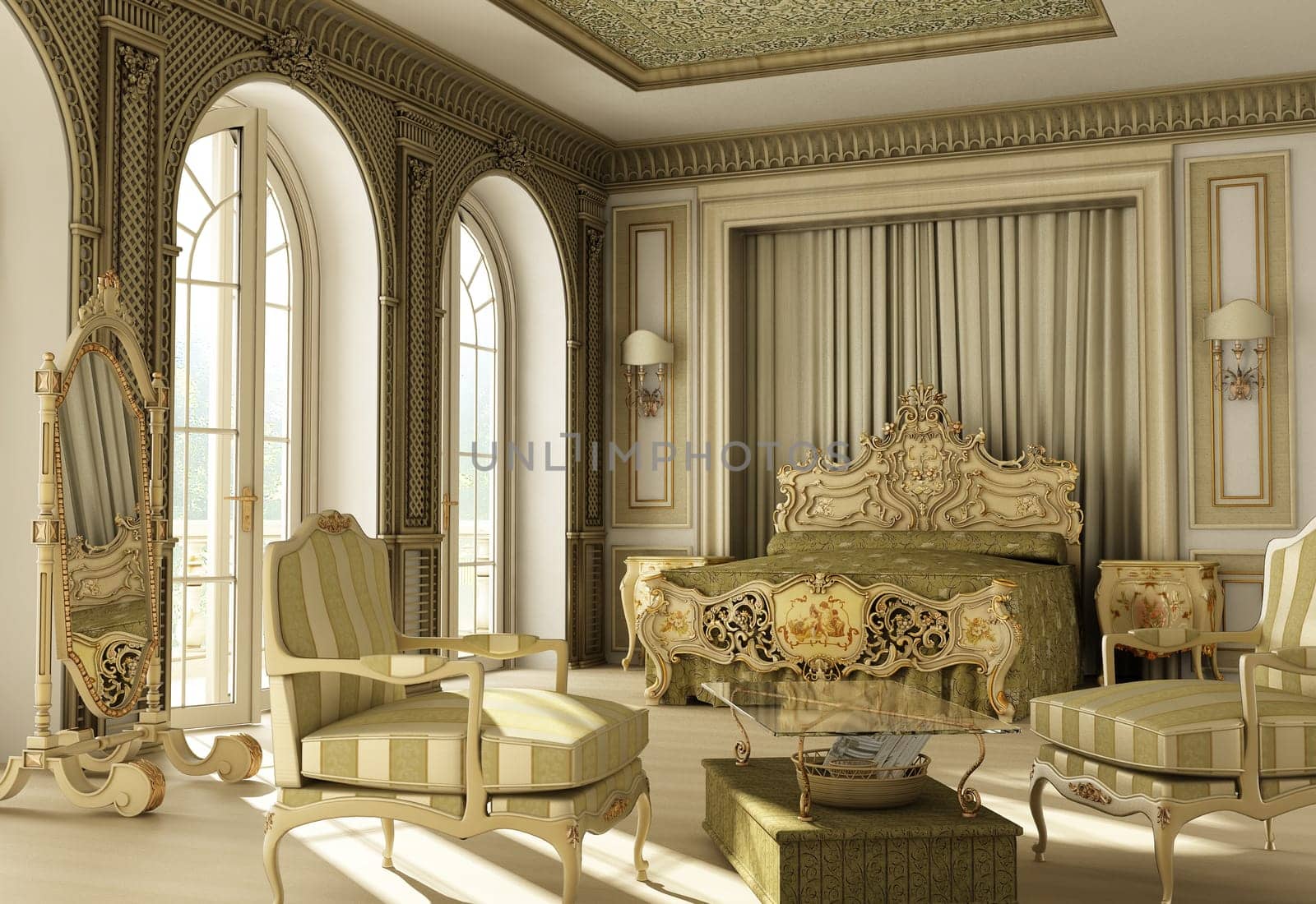 3D rendering of a luxury rococo bedroom with double window on balcony.