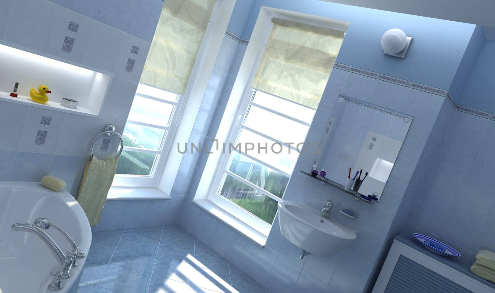 Contemporary bathroom. With windows and sun coming through.
