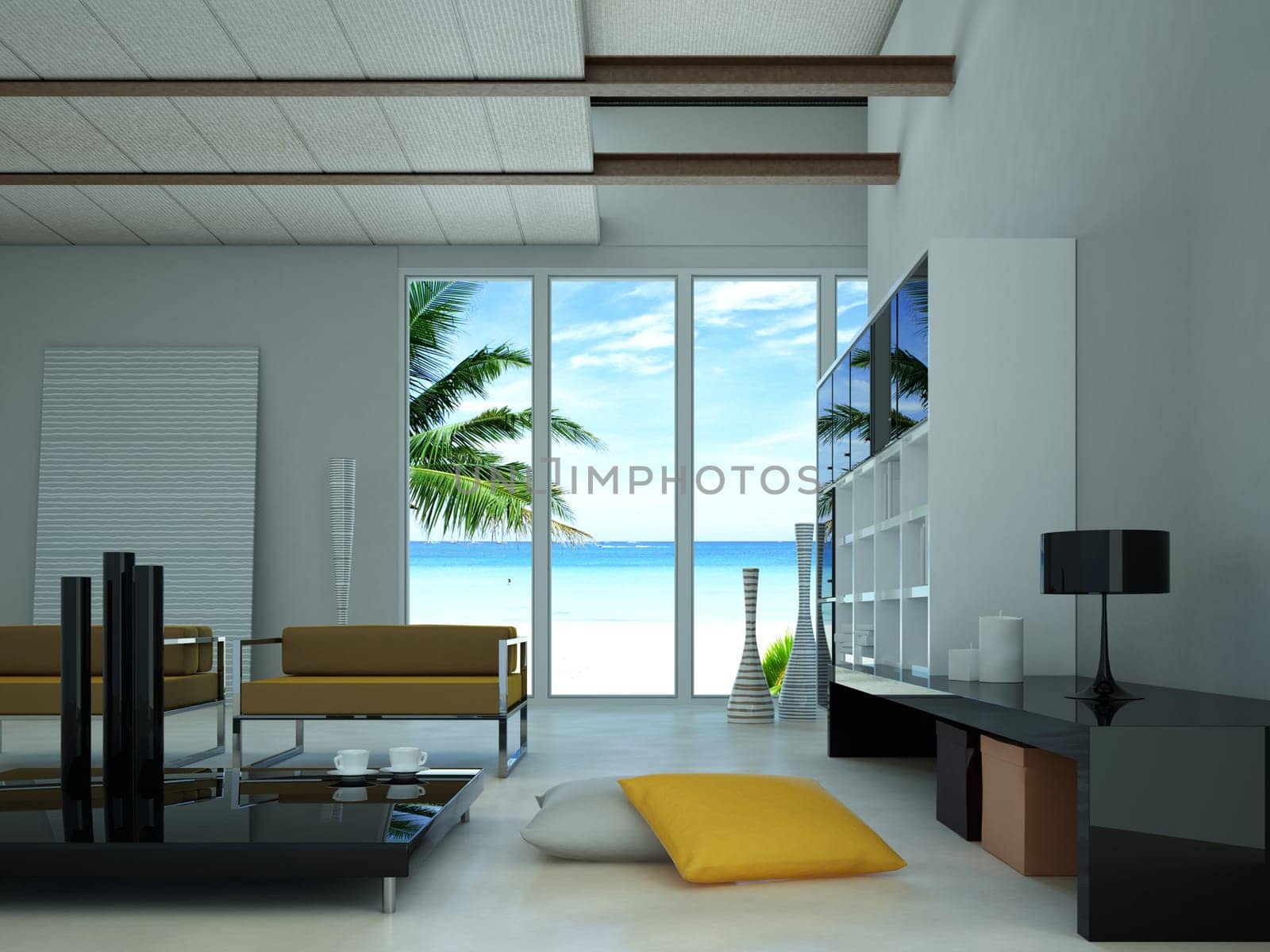 Modern livingroom, with a large window showing a tropical beach with a palm outside.