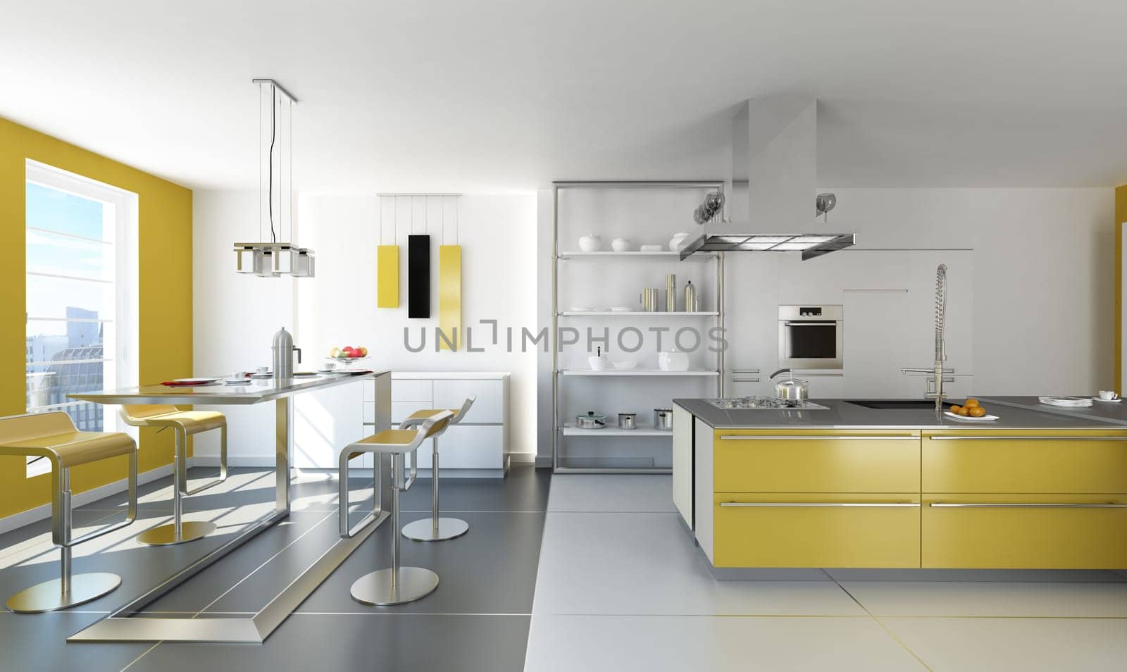 Modern white and yellow kitchen with isle and table.