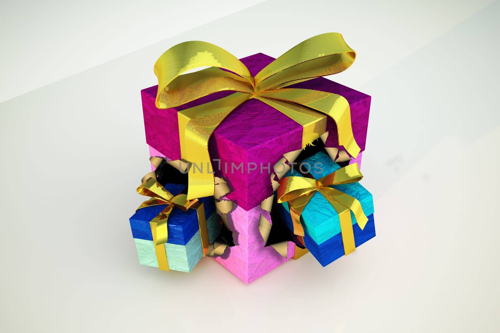 Gift box with two smaller gifts blowing out from it.
