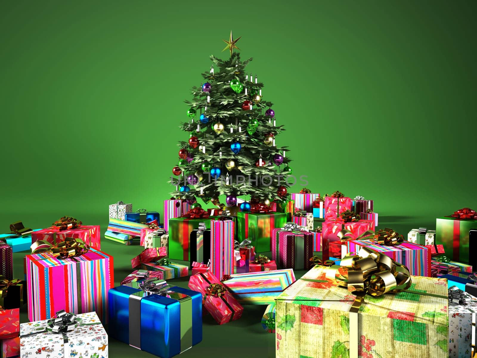 Christmass tree with several gifts, in a green background.