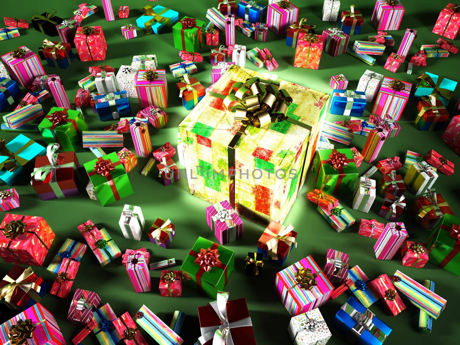 Group of many gifts, with a big central luminous gift.