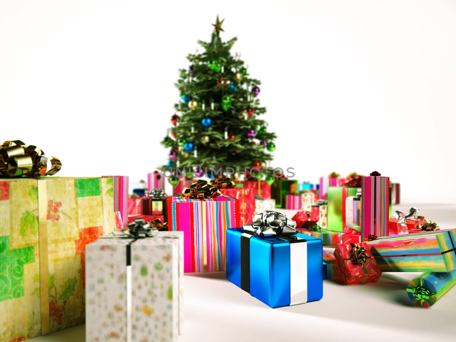 Christmass tree with several gifts around. Depth of field on foreground and background, to spot one gift in focus.