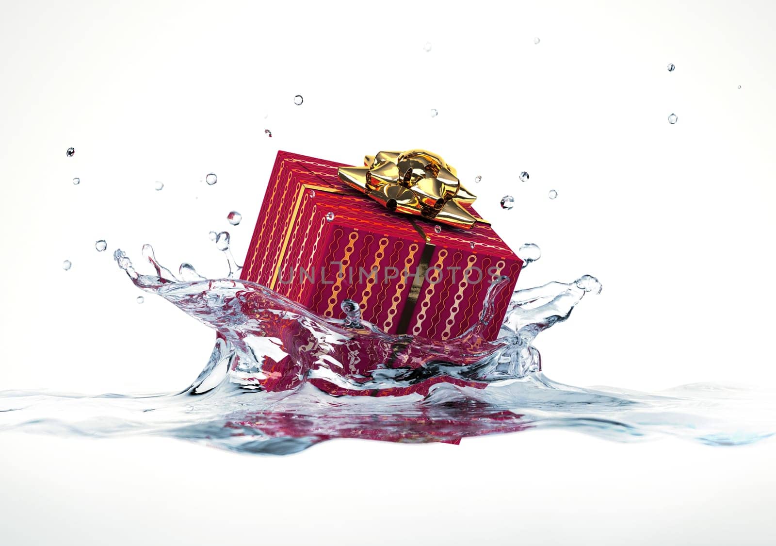 Decorated gift falling into water splashing. On white background.