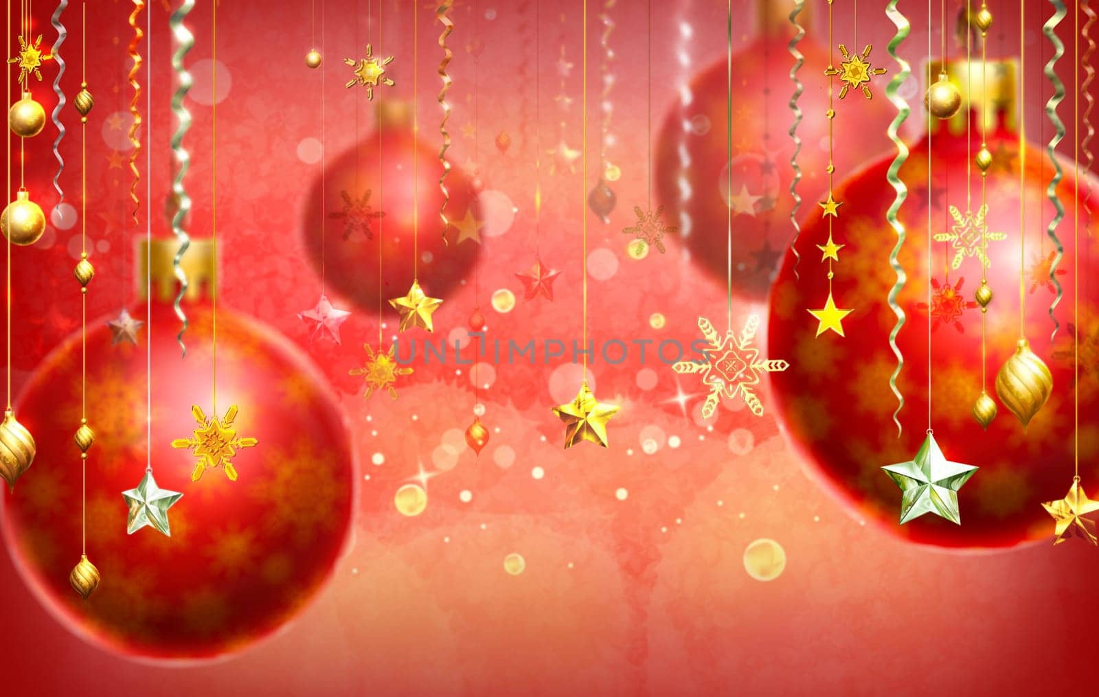 Christmass abstract background with several decorations hanging down in foreground and a few balls out of focus. Red dominant color.