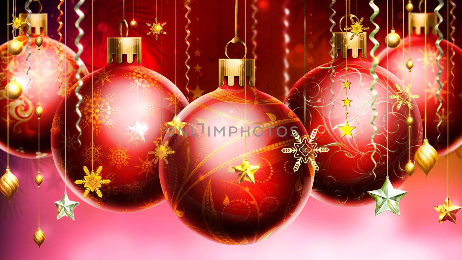 Christmass abstract red background with big decorated red balls in foreground.