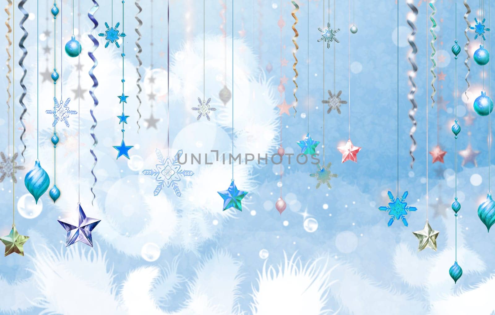 Christmass abstract background with several decorations hanging down in foreground. Light blue dominant color. Some place for text.