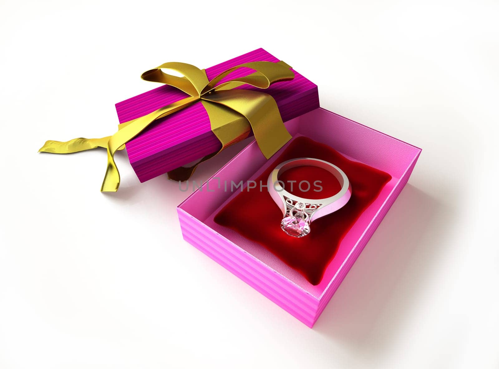 Gift package, with ribboned open cup, with ring and diamond on a pillow, inside.