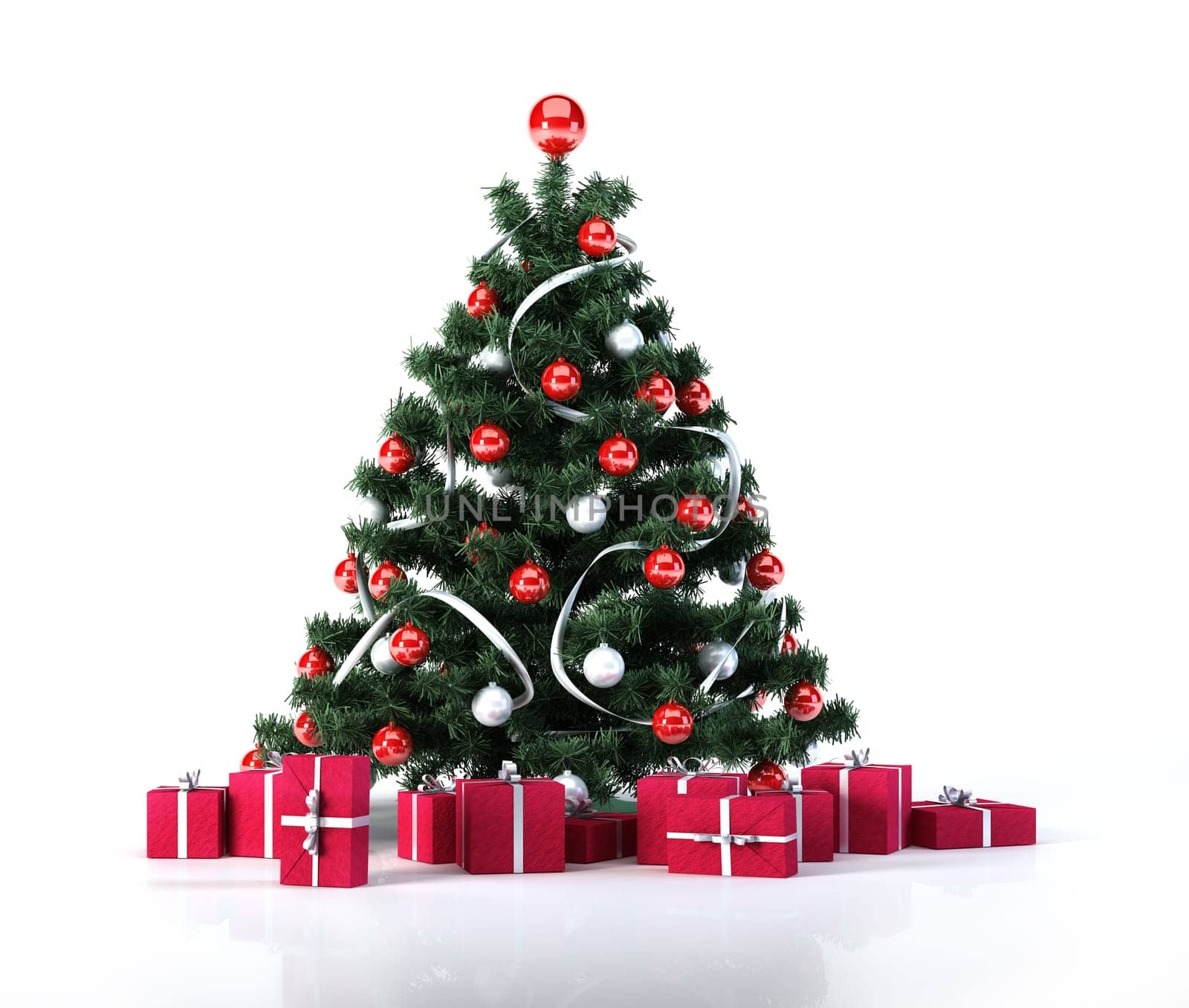 Christmas tree with golden balls and decoration. Below it there are several gifts packages, all red with silver ribbons. 3 D digital rendering, on white slightly reflective surface and white background.