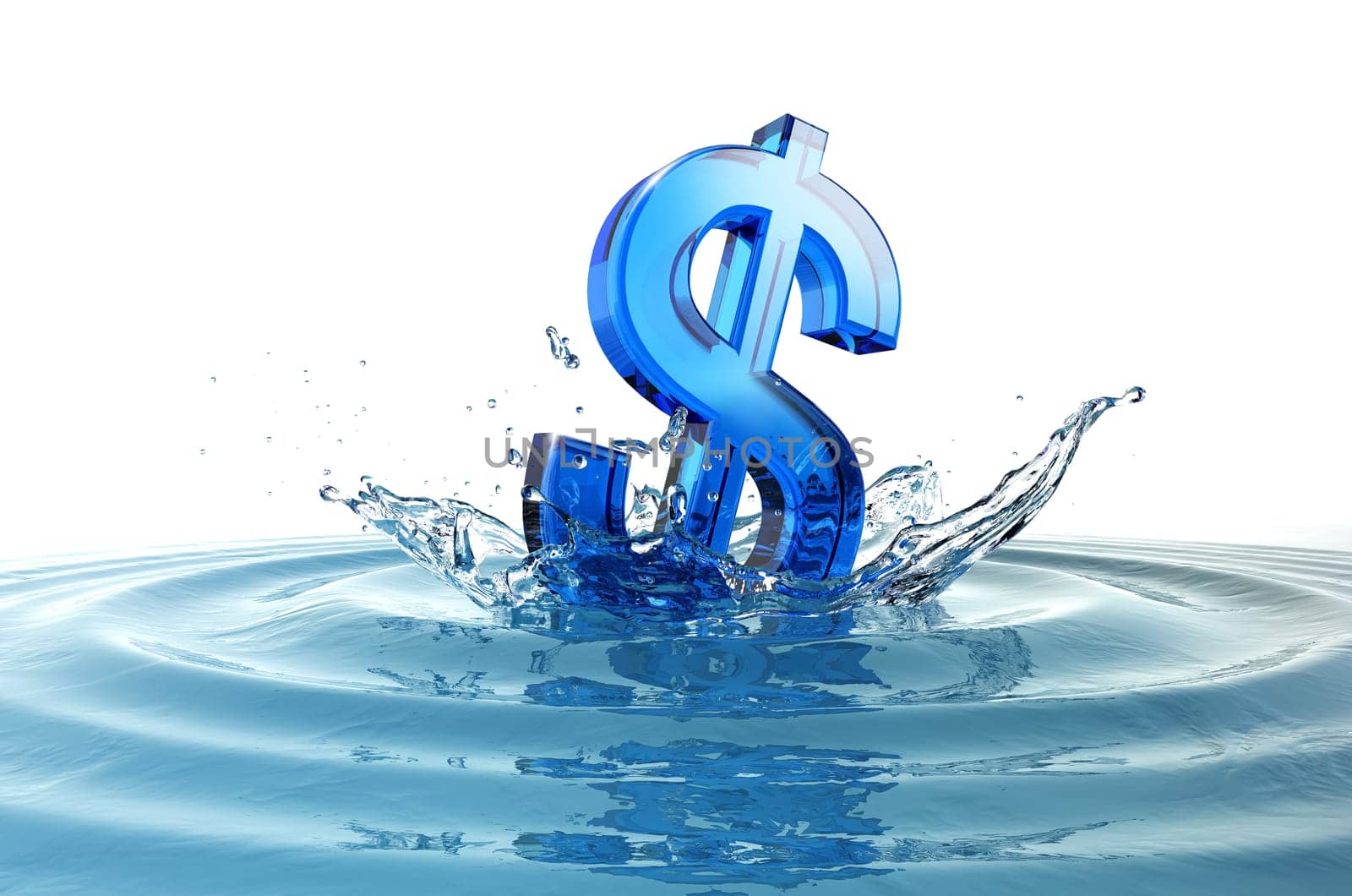 us dollar sign falling into water with splash