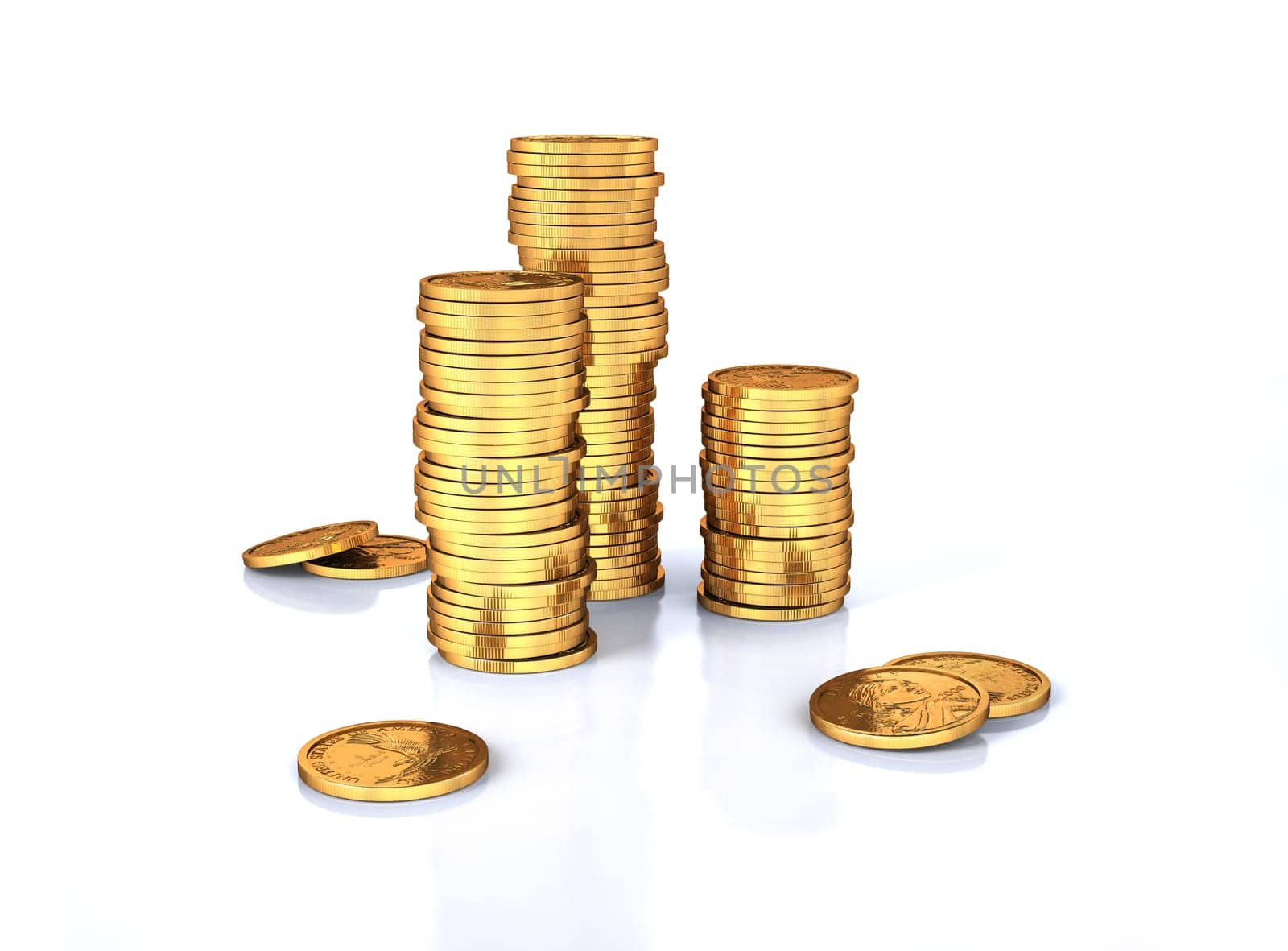 Gold dollar coins stacks and a few lose on a white surface, slightly reflective. White background.