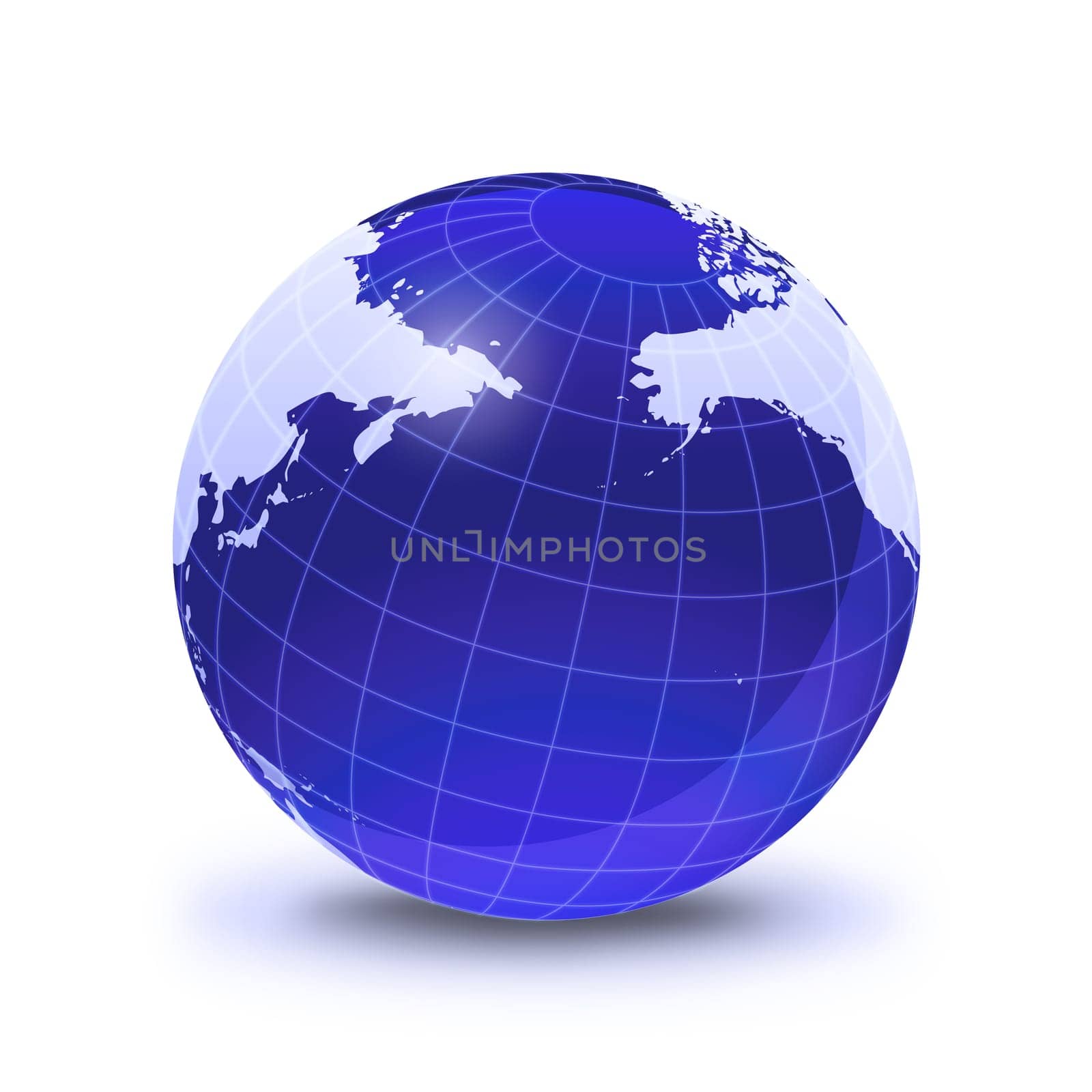 Earth globe stylized, in blue color, shiny and with white glowing grid. On white surface with dropped shadow. Indian Ocean view.