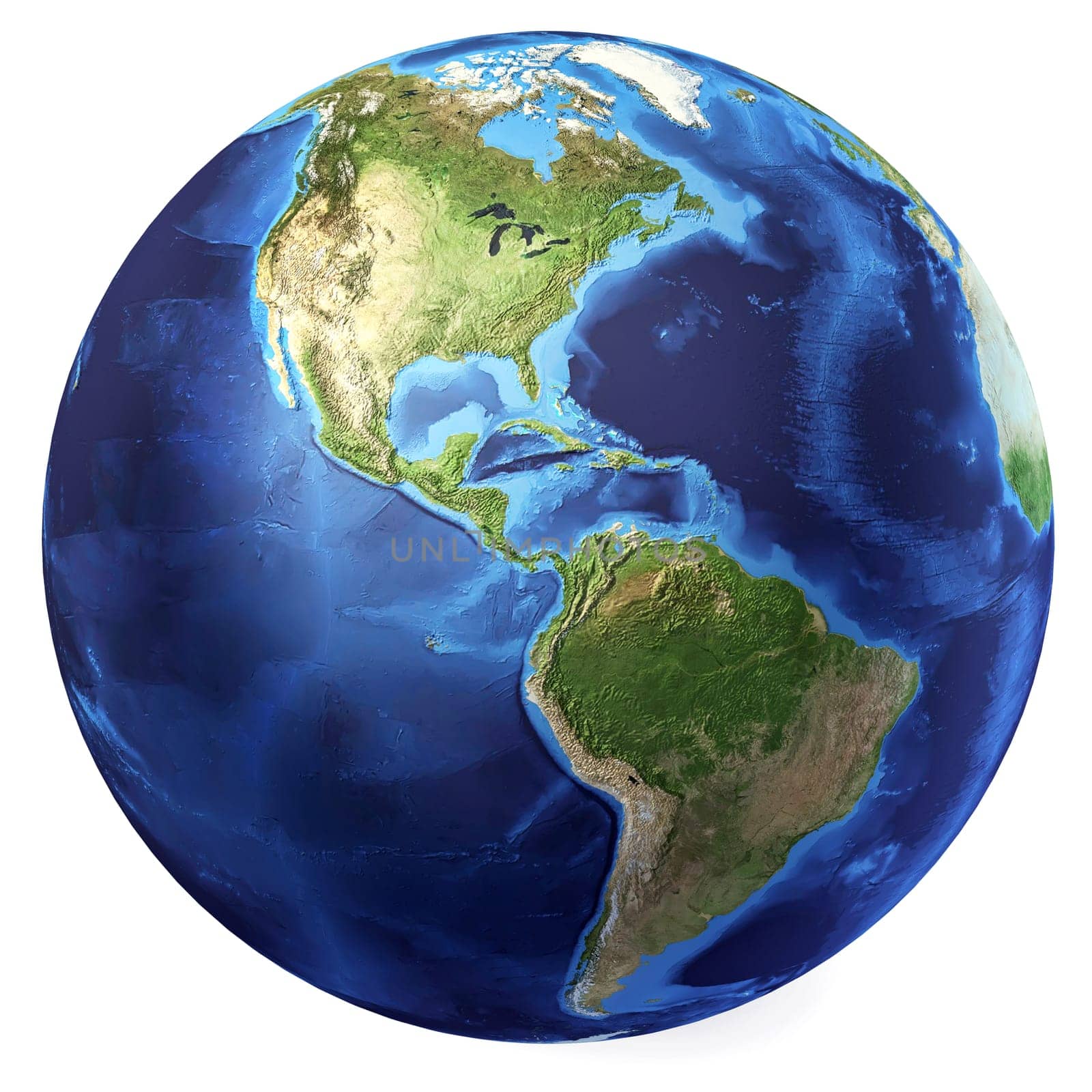 Earth globe, realistic 3 D rendering. Americas North and south view. On white background.