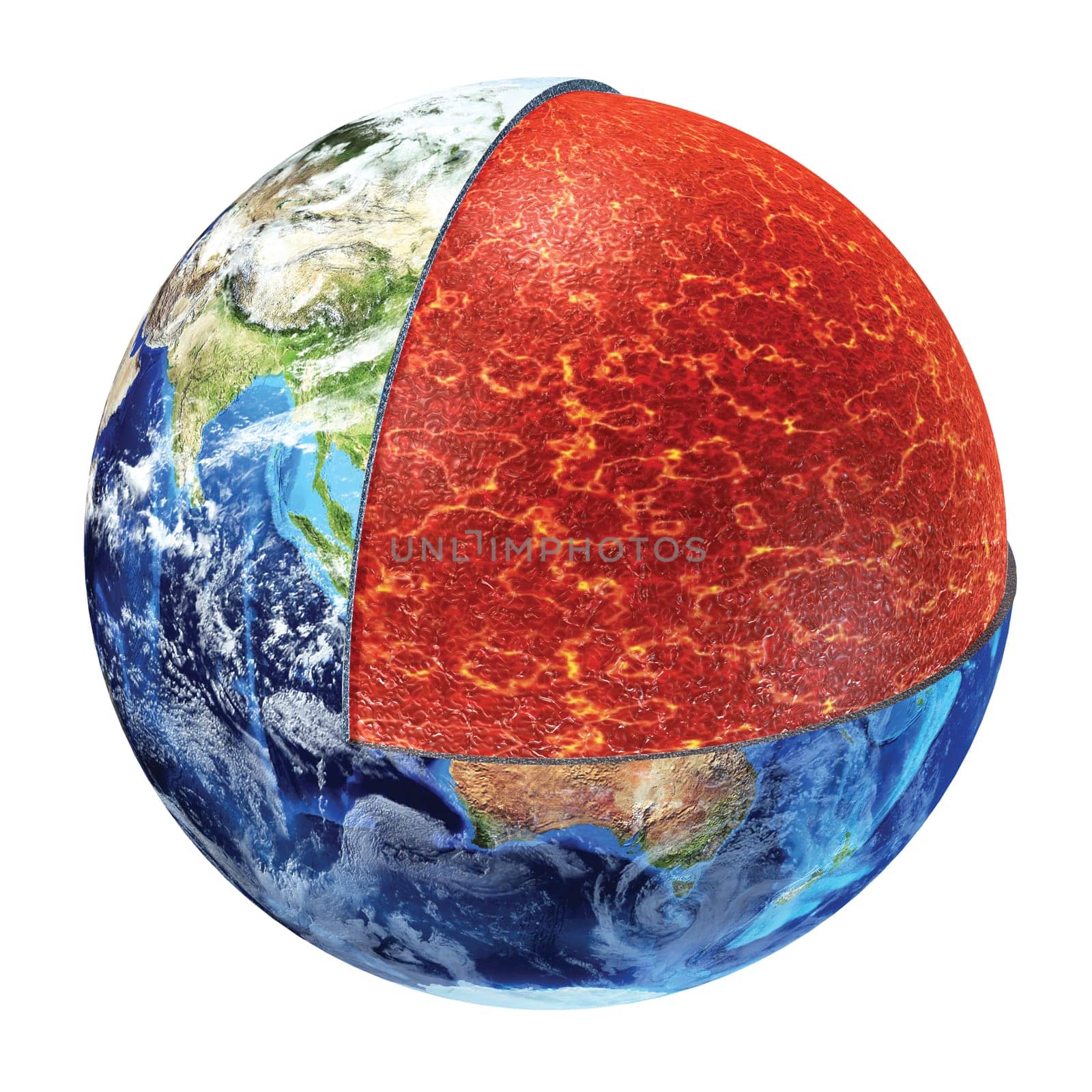 Earth cross section. Showing the upper mantle, made by plastic magnesium, iron, aluminium, silicon and oxygen.Temperature 700 - 1300° Celsius.