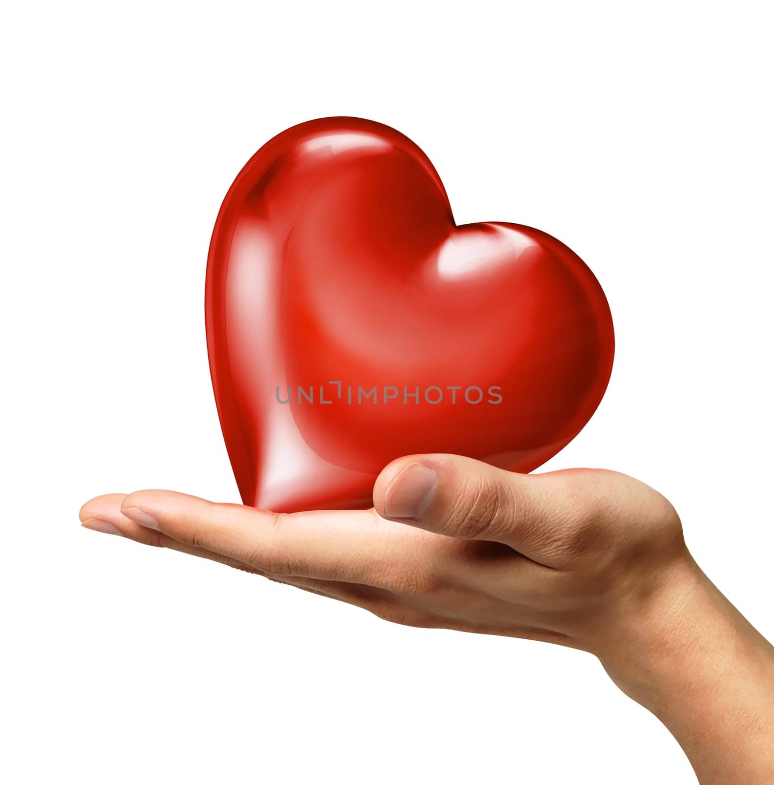 Man's hand holding a red shiny heart on palm, viewed from a side. On white background. Clipping path included.