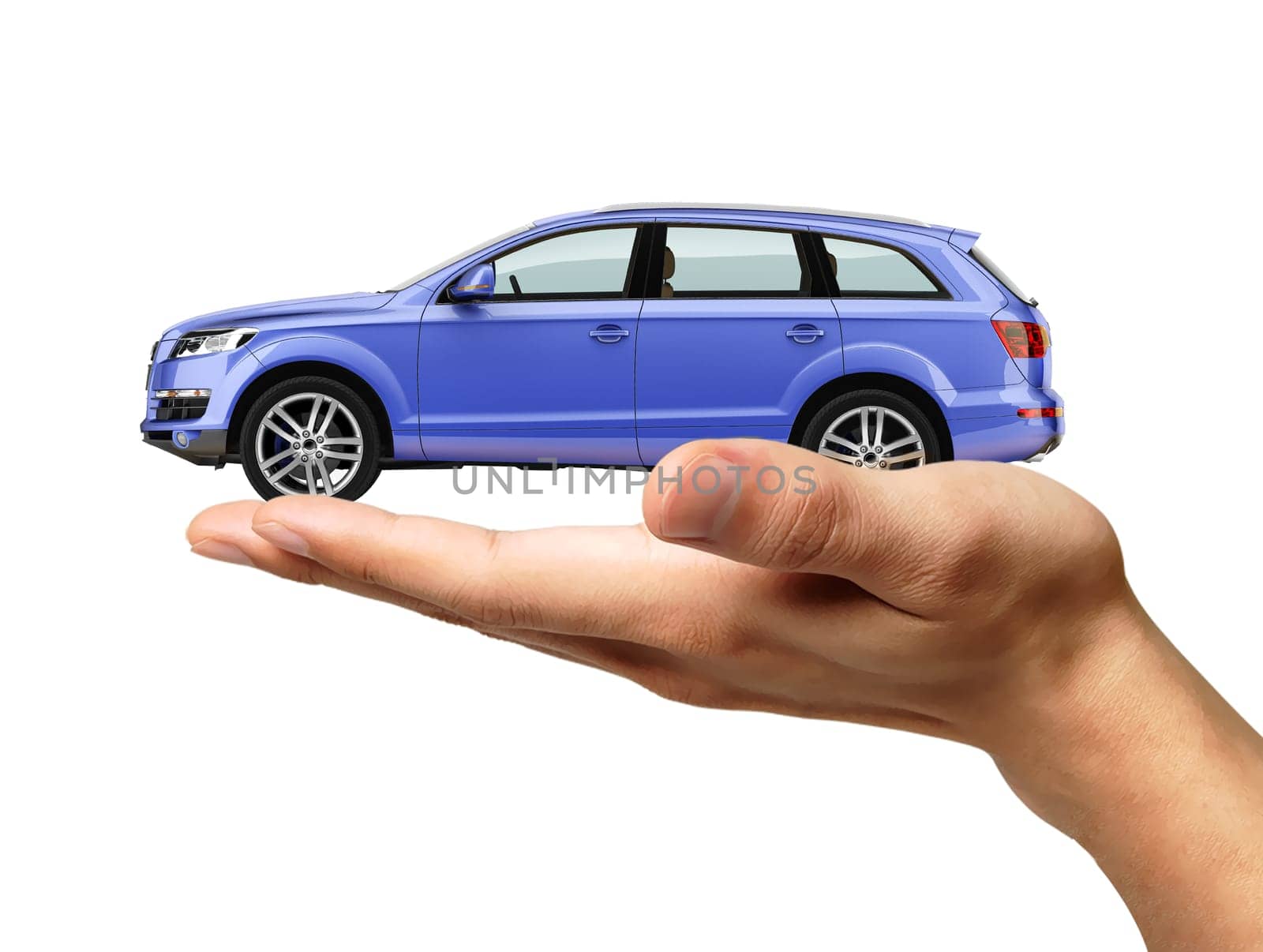 Human hand with a car on the palm. Isolated on white background, with clipping path.