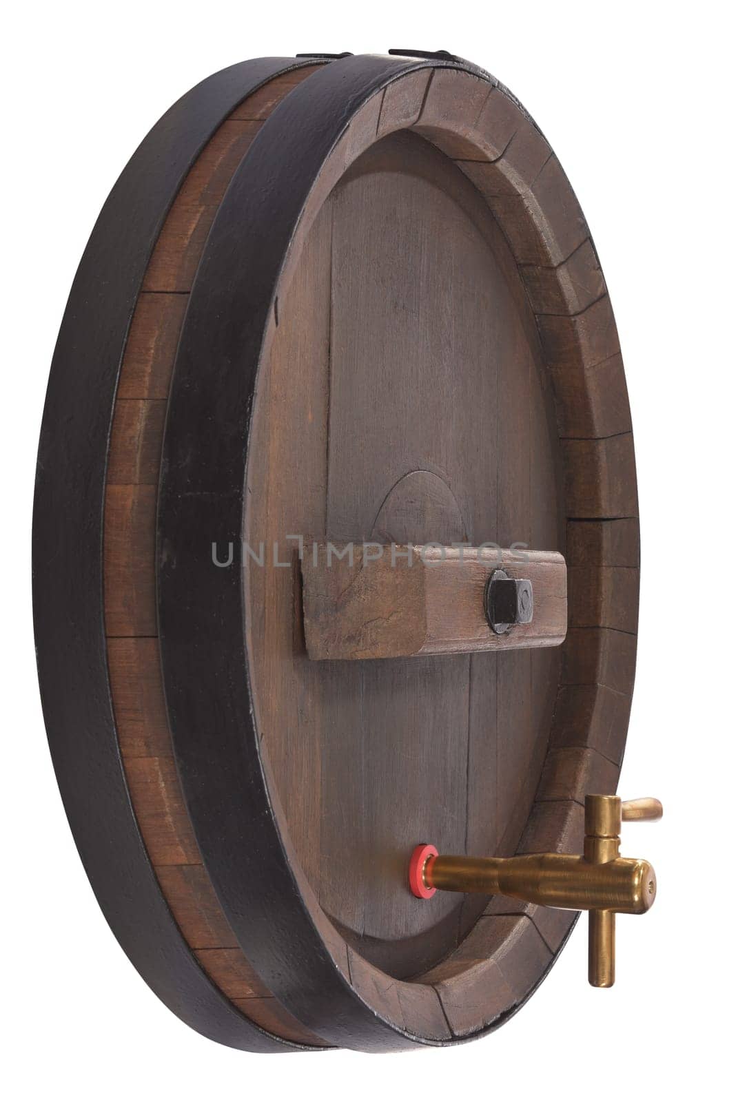 Old oak beer barrel insulated with brass tap On White