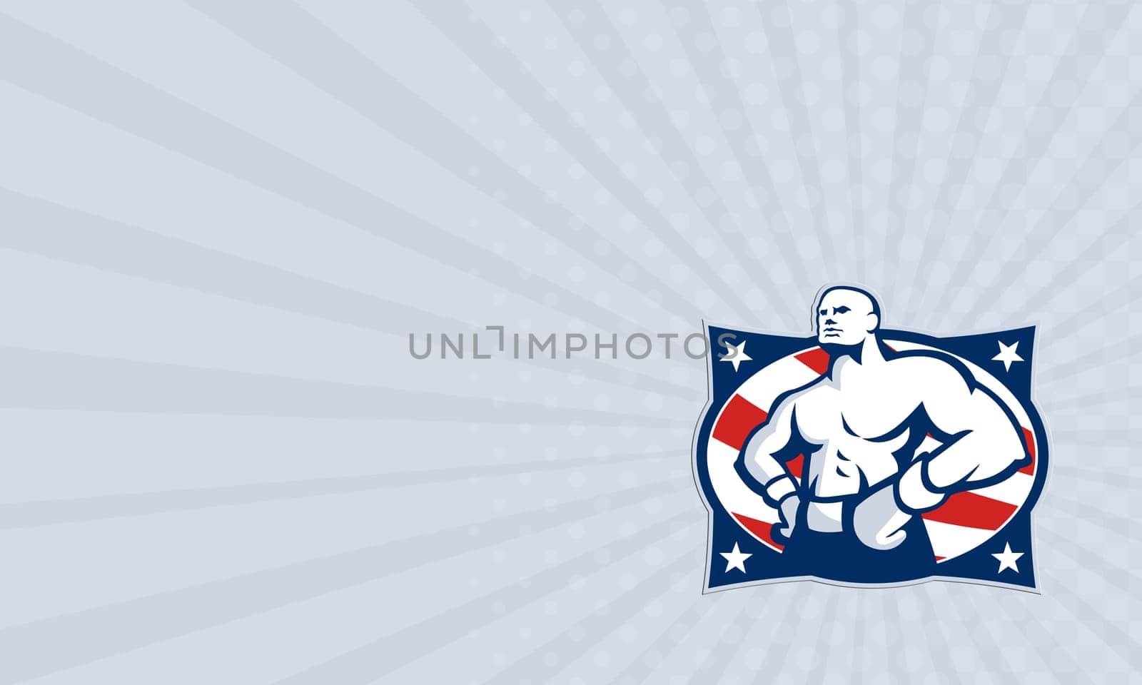 Business card showing illustration of a champion American boxer hands on hip viewed from front set inside oval with stars and stripes done in retro style.