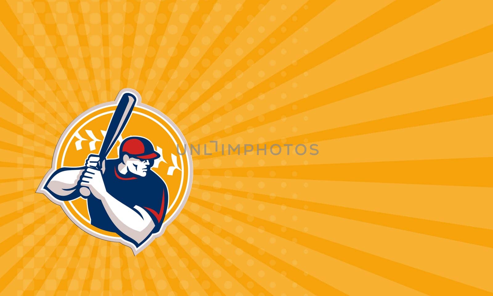 Business card showing illustration of an american baseball player batter hitter batting set inside circle facing side done in retro style isolated on white background.