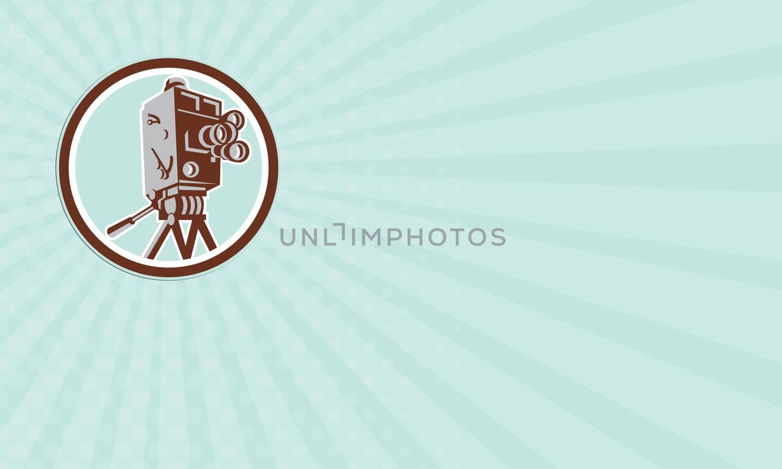 Business card showing illustration of a vintage movie film camera set inside circle viewed from low angle done in retro style on isolated background.