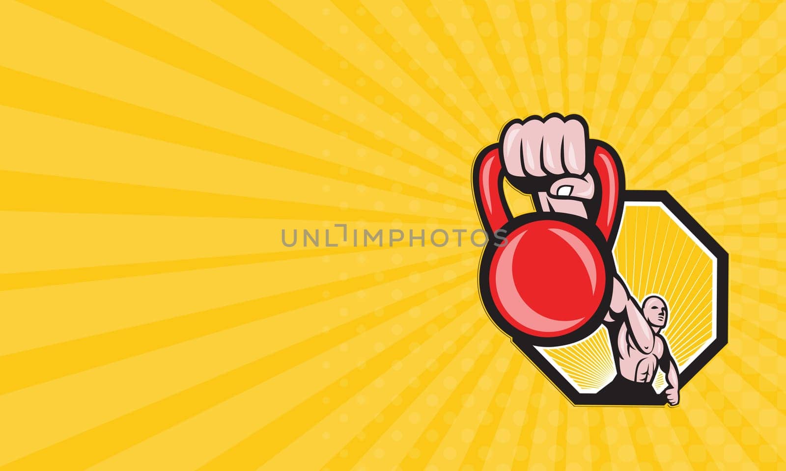 Business card showing illustration of a strongman crossfit training lifting kettlebell or girya viewed from front on isolated background.