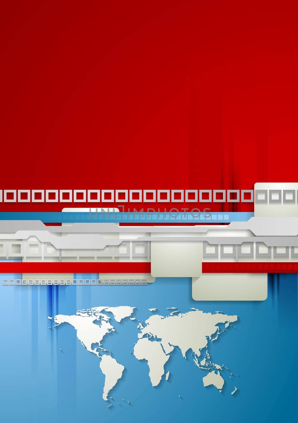 Red and blue technology background with world map