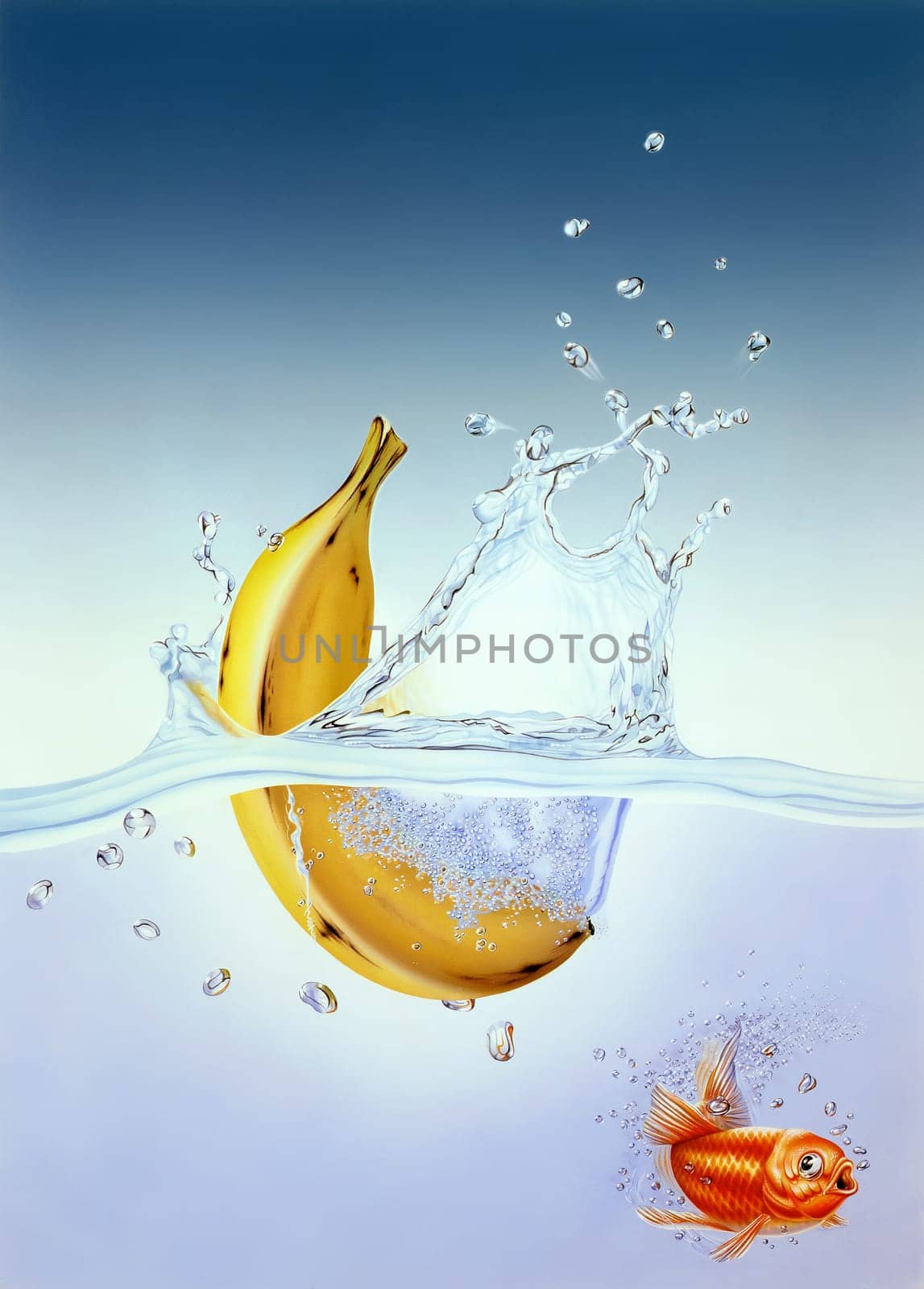 banana splashing into clear water with gold fish scared. This illustration was made by hand, using airbrush techique.