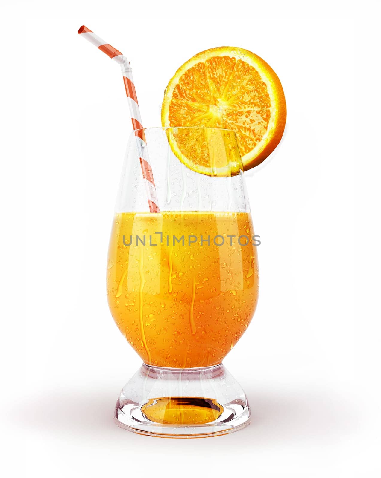 Orange juice in a glass with straw and slice. With condensation droplets on white background.