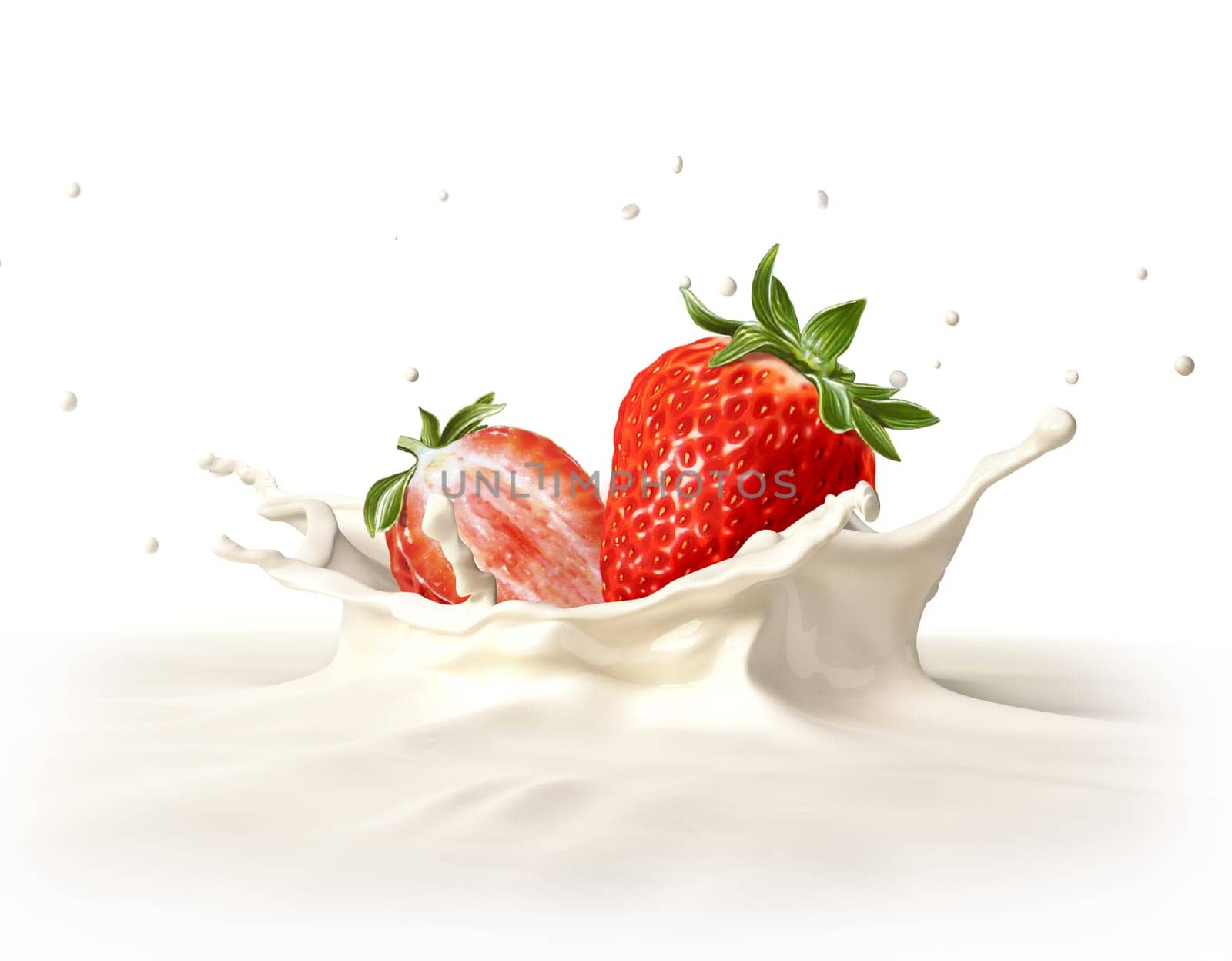 Two strawberries falling into milk forming a crown splash. On white background.
